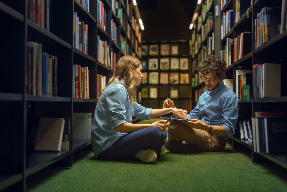 Zwei Promovierende sitzen auf dem grünen Teppich ausgelegten Boden ihrer Bibliothek. Sie haben beide ihre Dissertation abgeschlossen und überlegen gemeinsam, wie man diese am besten veröffentlichen kann. Der Promovierende recherchiert in seinem Laptop. Die Doktorandin liest mit und gibt ihm Vorschläge.