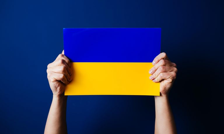 [Translate to Englisch:] Zwei Hände halten eine kleine ukrainische Flagge in die Höhe.