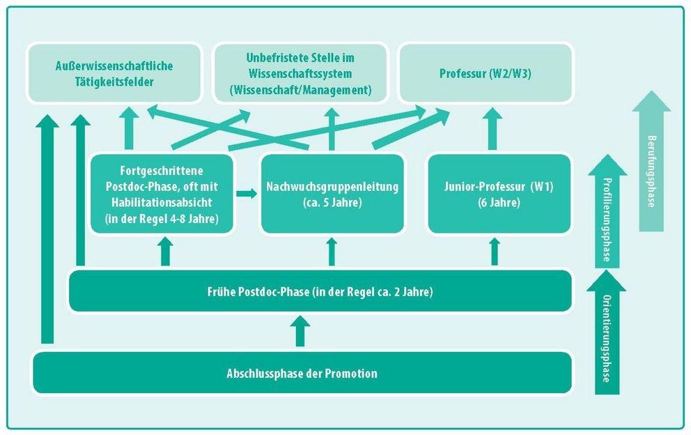 Postdoc-Phase: Abschnitte und Karrierewege (Quelle: UniWiND e. V.) Die Grafik zeigt schematisch Abschnitte und Karrierewege der Postdoc-Phase.